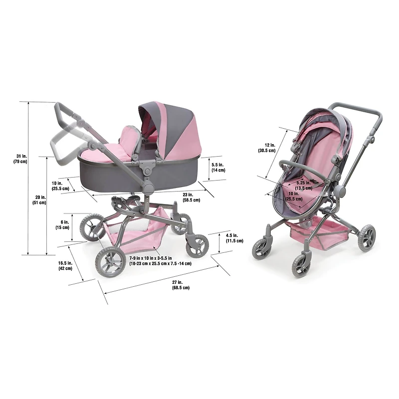 Badger Basket Gray & Pink Daydream Multi-Function Single Doll Pram & Stroller