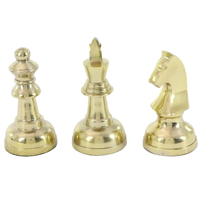 Large Metallic Gold Decorative Chess Piece Sculptures Table Decor, Set of 3, 4" x 4" x 9"