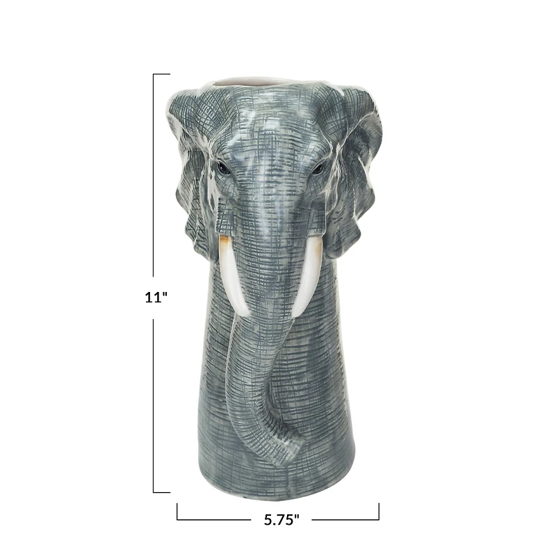 Hello Honey® 11" Gray & White Hand-Painted Decorative Stoneware Elephant Vase