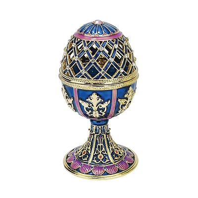 5.5" Blue Jeweled Trellis Romanov-Style Enameled Egg