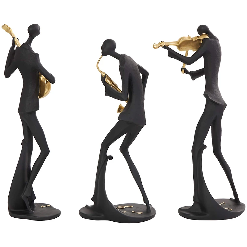 Black Polystone Abstract Musician Sculpture Set with Gold Instruments & Music Notes