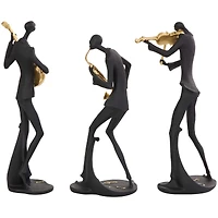 Black Polystone Abstract Musician Sculpture Set with Gold Instruments & Music Notes