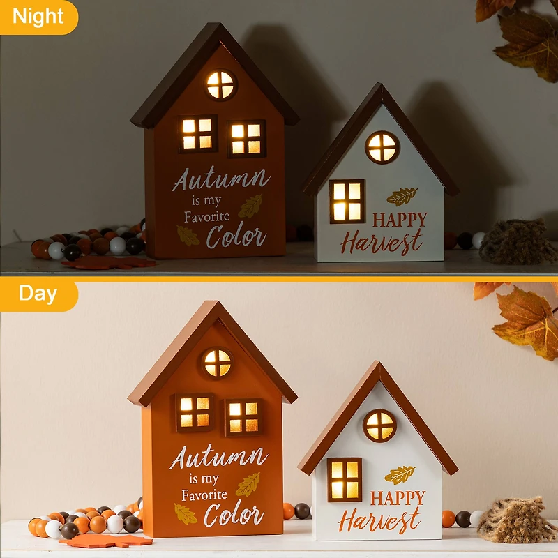 Glitzhome® Lighted Fall Wooden House-shaped Table Decor Set