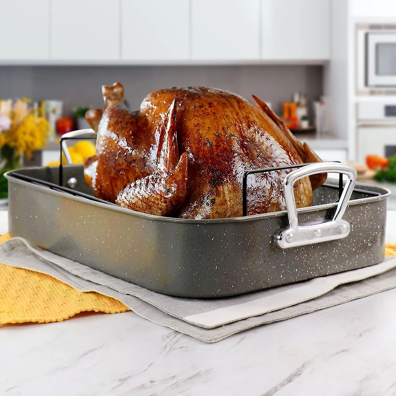 Gibson® Greystone 16.25'' Speckled Gray Carbon Steel Turkey Roaster Set