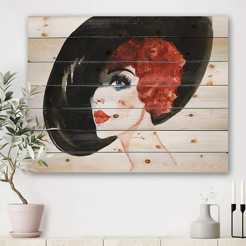 Designart - Red Head Lady In Hat Portrait of Woman