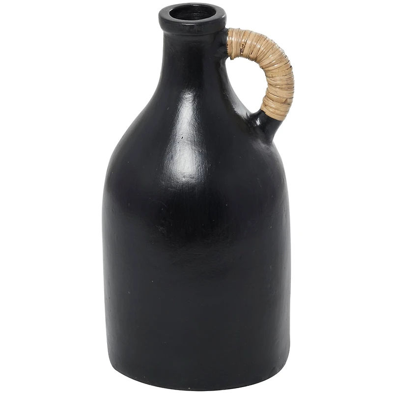18" Black Ceramic Jug Inspired Vase with Rattan Wrapped Handle
