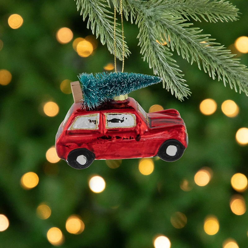 Station Wagon with Tree Glass Christmas Ornament - 3.5" - Red