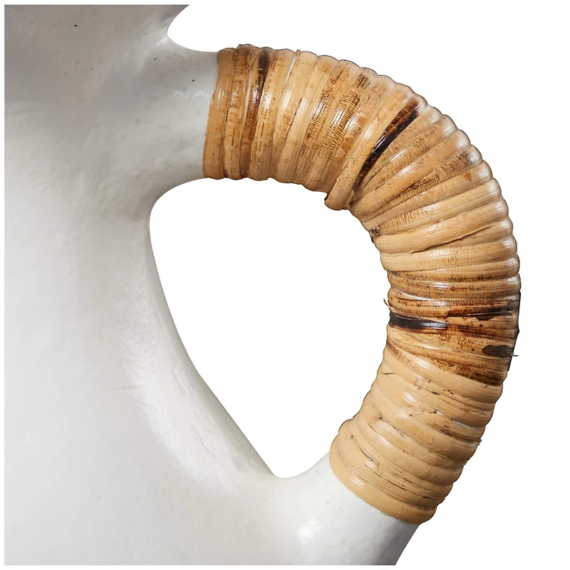 21" White Ceramic Jug Vase with Rattan Wrapped Handles