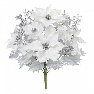 21" White & Silver Poinsettia, Peony & Berry Deluxe Bush by Ashland®