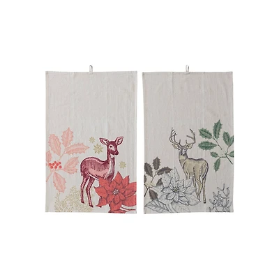 Hello Honey® Multicolor Cotton & Linen Printed Tea Towel with Flora/Fauna Pattern & Loop Set