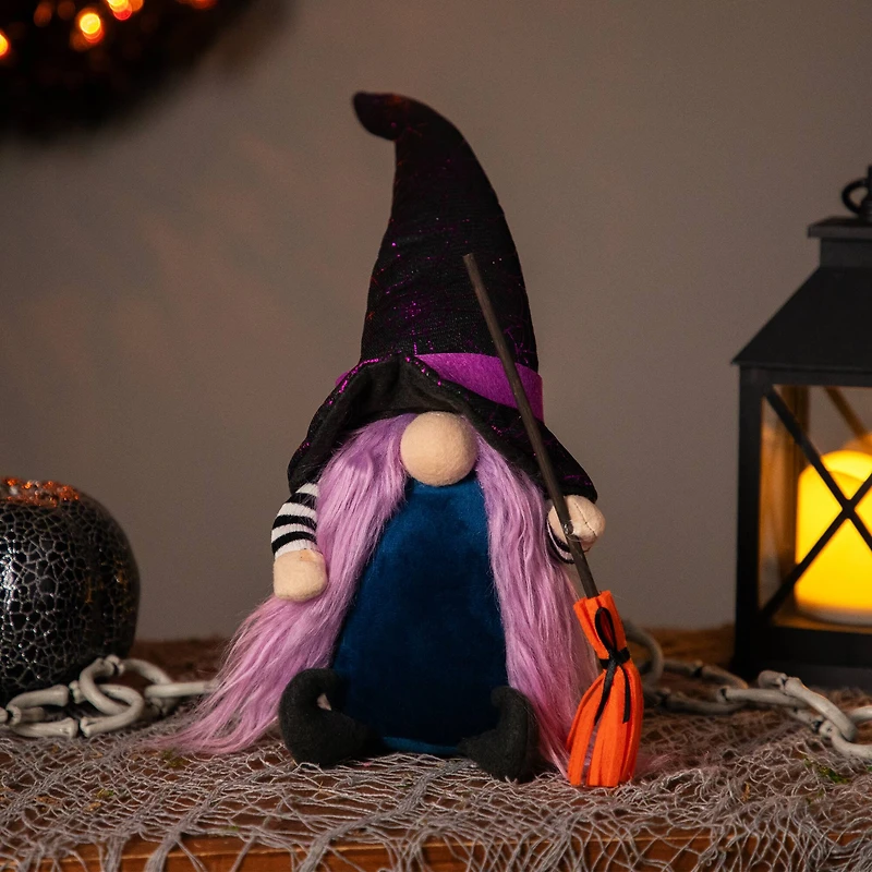 15" Black & Purple Halloween Gnome Witch with Broom