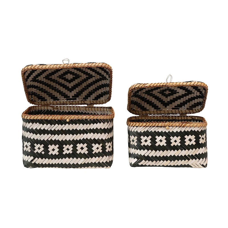 Hello Honey® Black & White Hand-Woven Bamboo Boxes with Lids & Closures Set