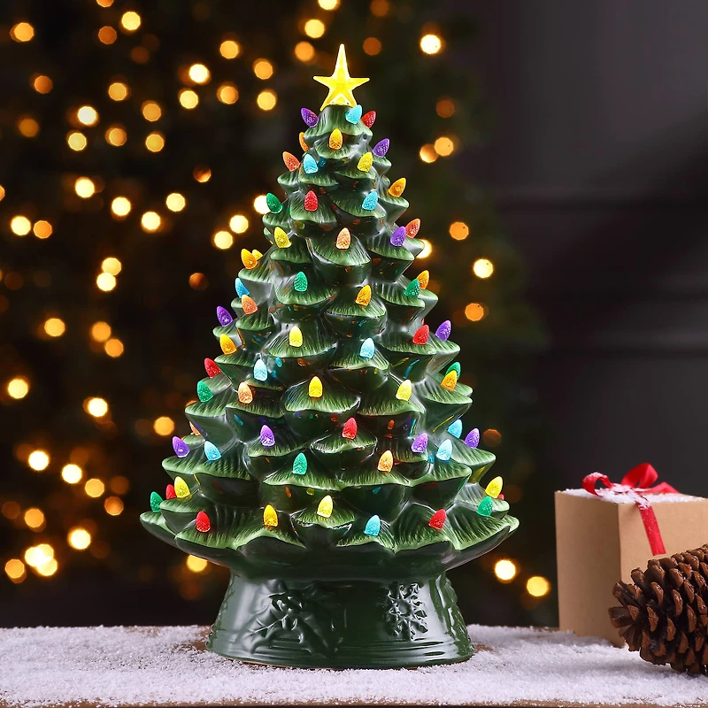 18" Green Lit Nostalgic Christmas Tree