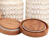Cream Paper Mache Handmade Carved Spotted Geometric Canisters with Removable Lids Set