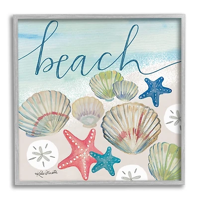 Stupell Industries Beach Calligraphy Seashells Clams Starfish Ocean Foam Framed Giclee Art