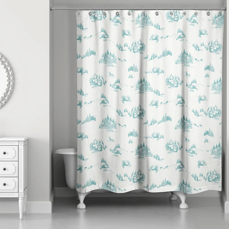 Snowy Town Teal Shower Curtain