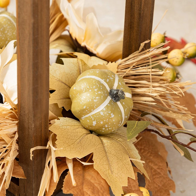 Glitzhome® 20" Fall Neutral Sunflower, Pumpkin and Leaf Wood Lantern Centerpiece