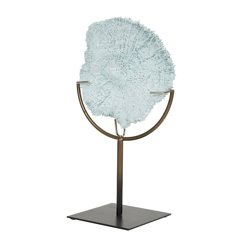 12" Light Blue Polystone Coral Textured Sculpture with Bronze Stand