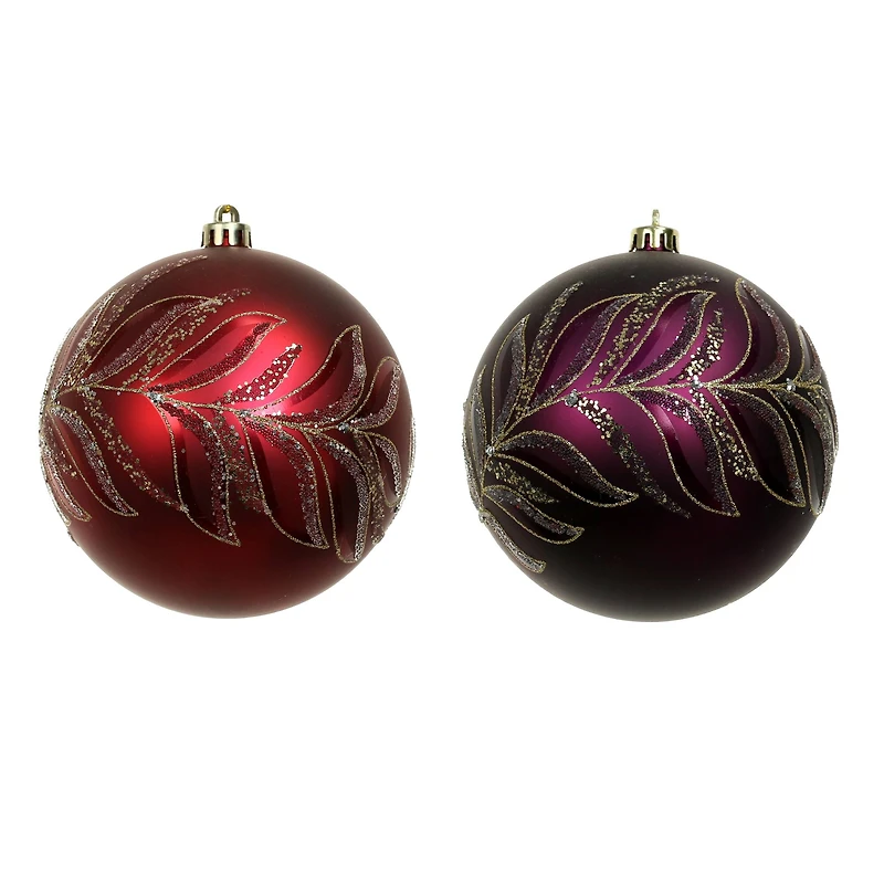 2 Pack 4.7" Purple & Red Glitter Leaves Shatterproof Ball Ornaments by Ashland®