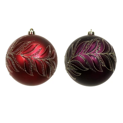 2 Pack 4.7" Purple & Red Glitter Leaves Shatterproof Ball Ornaments by Ashland®