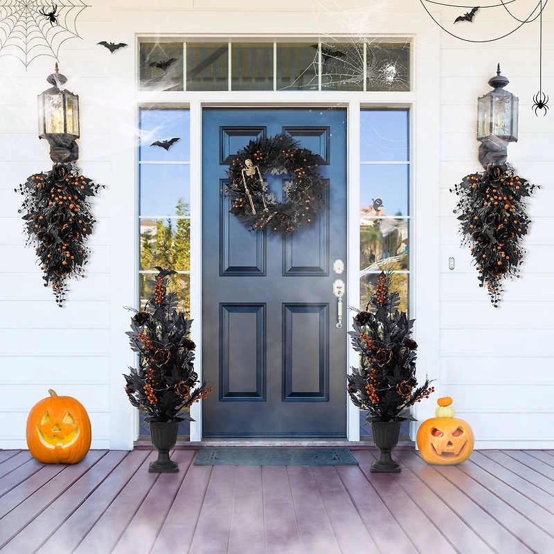 Glitzhome® 36"H Halloween Lighted Black Rose with Orange Glitter Urn Porch Tree with Timer