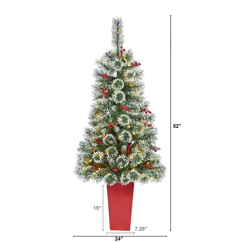 4ft. Pre-Lit Potted Frosted Swiss Pine Artificial Christmas Tree with Berries, Clear LED Lights