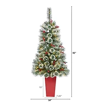 4ft. Pre-Lit Potted Frosted Swiss Pine Artificial Christmas Tree with Berries, Clear LED Lights