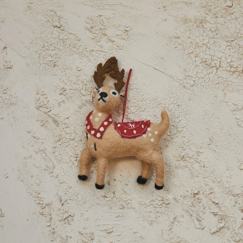 Hello Honey® 6.5" Handmade Wool Felt Reindeer Ornament with Embroidery on a Wool String
