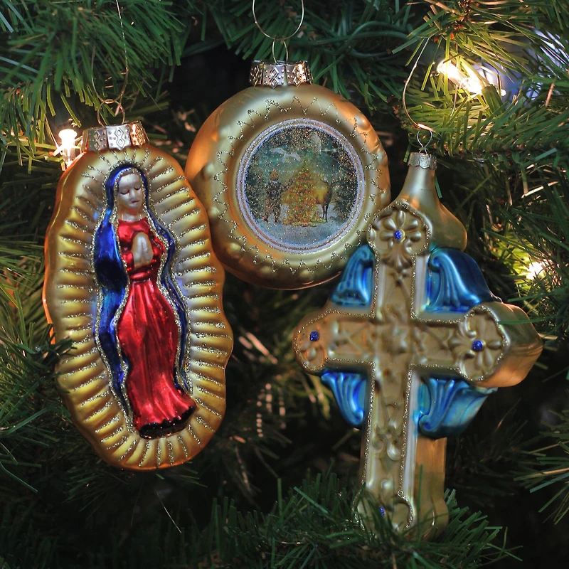 Shiny Gold Religious Figurine Glass Ornaments, Set Of 3