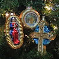 Shiny Gold Religious Figurine Glass Ornaments, Set Of 3