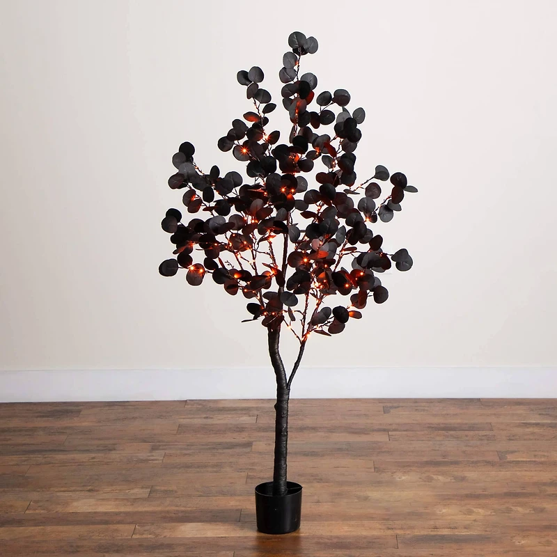 5ft. Pre-Lit Artificial Halloween Black Eucalyptus Tree with 220 Orange & Purple LED Lights