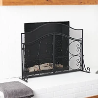 41" Black Metal Scroll Arched 1-Panel 2-Door Fireplace Screen with Mesh Backing