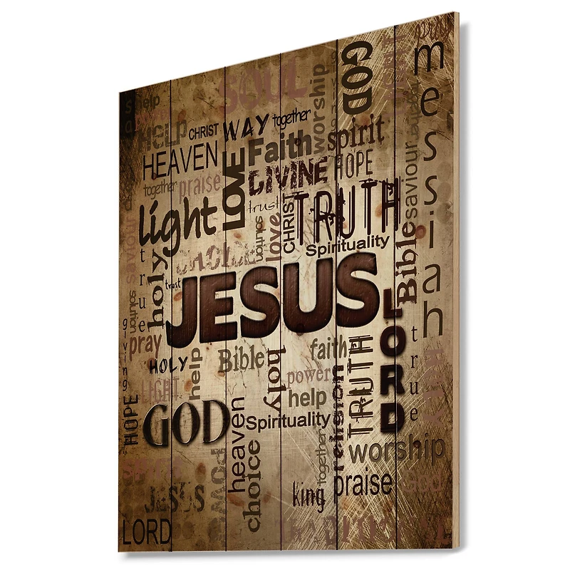 Designart - Jesus' word cloud in grunge background - Religious Contemporary Print on Natural Pine Wood