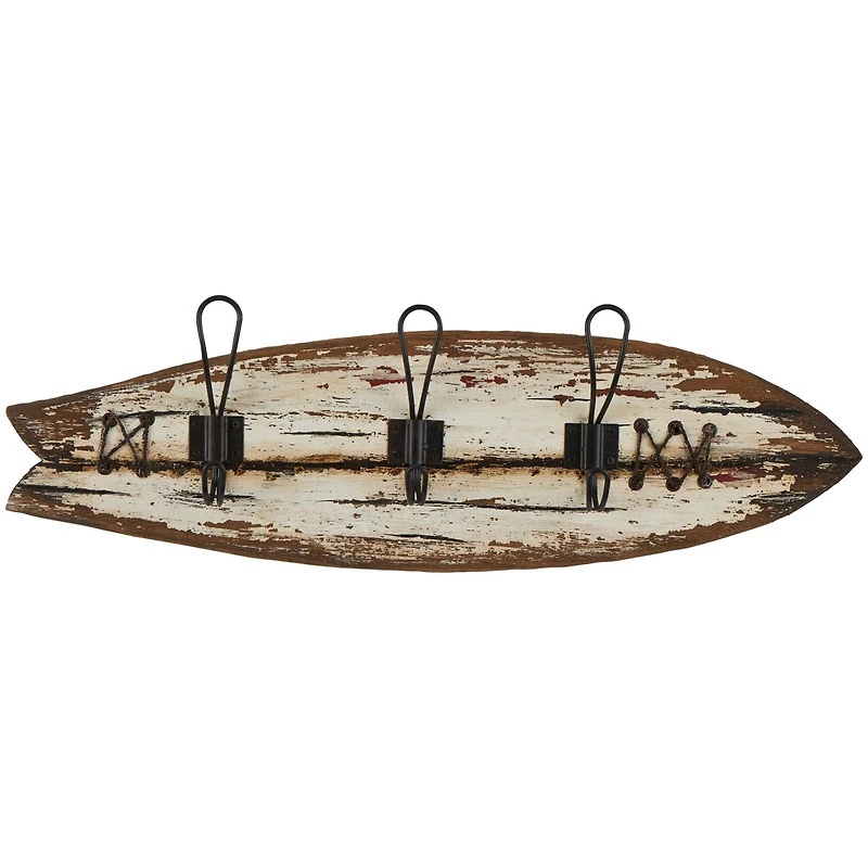 22.5" x 7" Brown Wood Handmade Distressed Fish Shaped 3 Hanger Wall Hook with Metal Accents