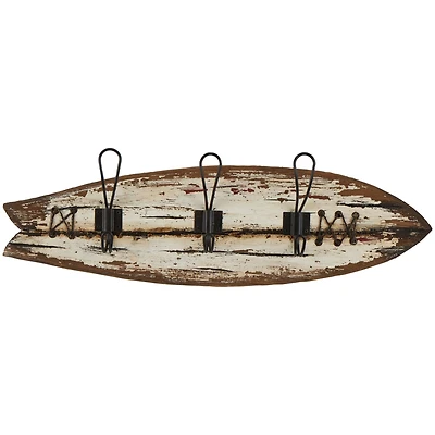22.5" x 7" Brown Wood Handmade Distressed Fish Shaped 3 Hanger Wall Hook with Metal Accents