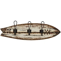 22.5" x 7" Brown Wood Handmade Distressed Fish Shaped 3 Hanger Wall Hook with Metal Accents