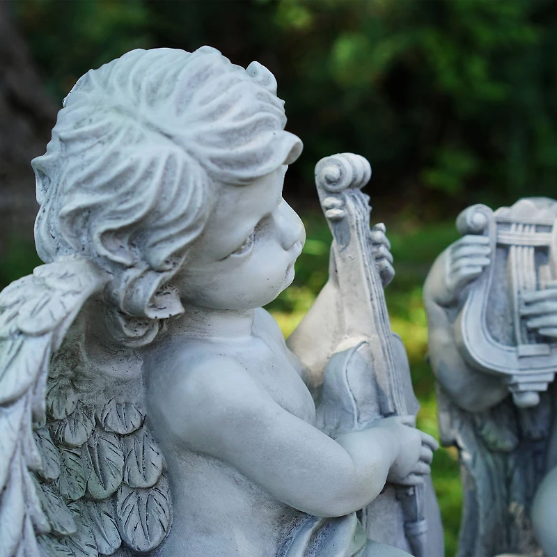 14.75" Ivory Cherub Angels With Violin & Harp Sitting On Finials Outdoor Garden Statues Set