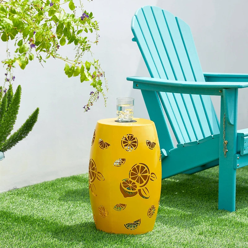 Glitzhome® 18.5" Yellow Iron Cutout Lemon Pattern Solar LED Garden Stool