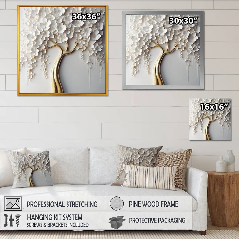 Designart "White Orchid Tree Garden Of Branches Vii" Tree Floral Framed Wall Art For Living Room