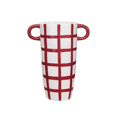 Hello Honey® 8.25" Hand-Painted Red & White Grid Stoneware Container with Handles