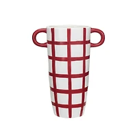 Hello Honey® 8.25" Hand-Painted Red & White Grid Stoneware Container with Handles