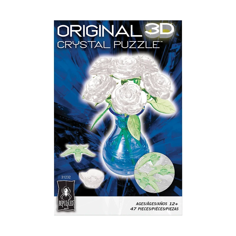 3D Crystal Puzzle - Roses in a Vase (White): 47 Pcs