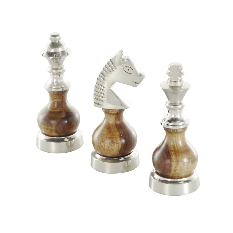 6" Silver Aluminum Metal Chess Sculpture with Round Wood Centers, 3ct.