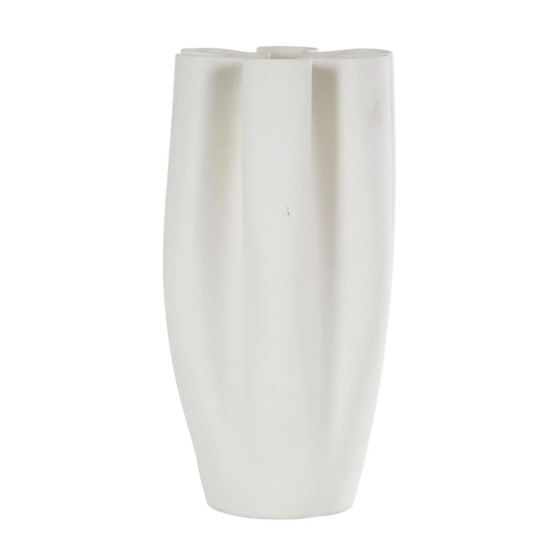 White Ceramic Abstract Ribbed Dimensional Folded Vase with Floral Shaped Rim