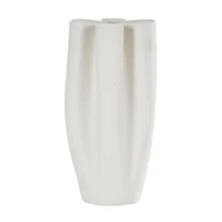 White Ceramic Abstract Ribbed Dimensional Folded Vase with Floral Shaped Rim