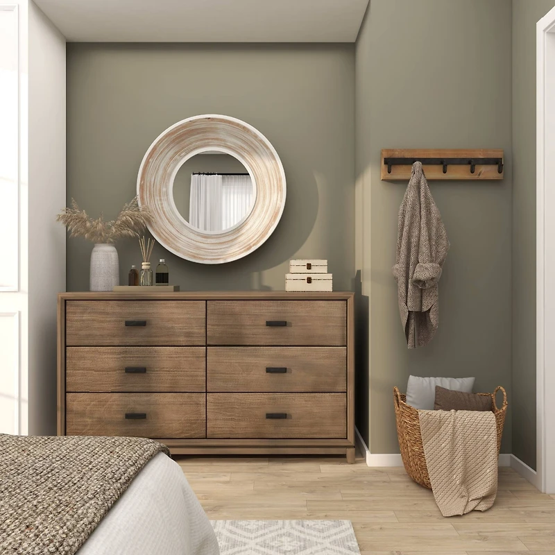 35" Cream Wooden Framed Wall Mirror with White Wash Effect