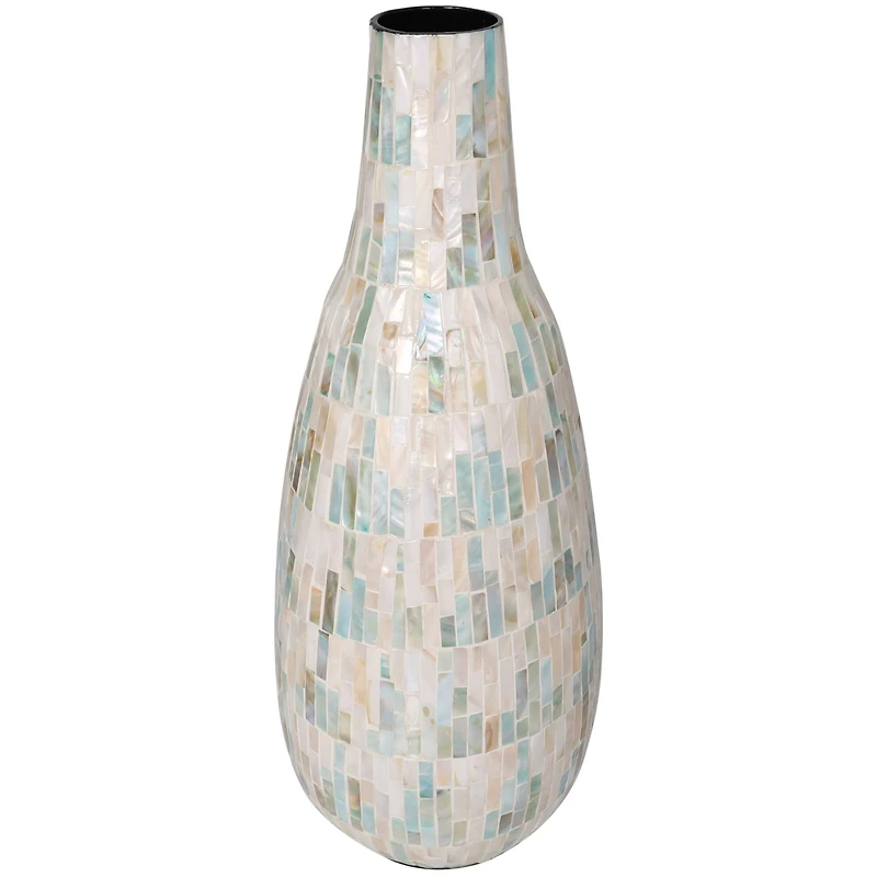 21" White Mother of Pearl Handmade Mosaic Inspired Vase with Pastel Blue and Pink Accents