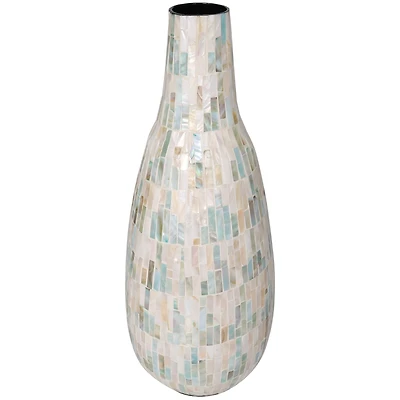 21" White Mother of Pearl Handmade Mosaic Inspired Vase with Pastel Blue and Pink Accents