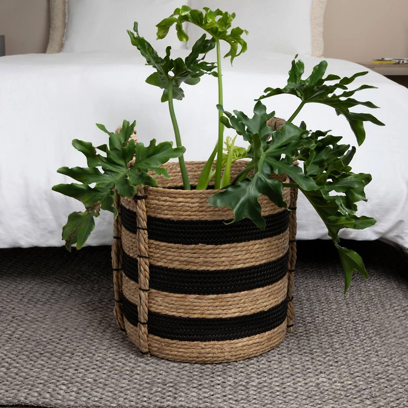 Household Essentials 20" Black & Natural Stripes Braided Basket with Handles