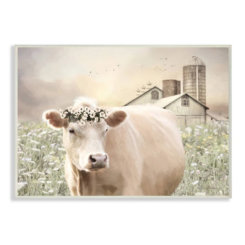 Stupell Industries Realistic Cow Floral Crown Tranquil Farm Field Wall Plaque